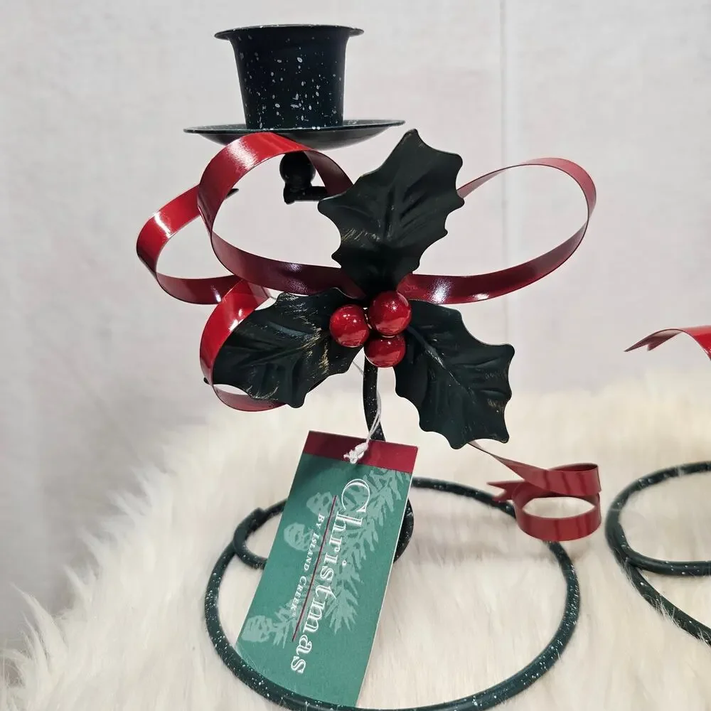 Y2K Green Candle Holder Holly Mistletoe Christmas Metal Candle Holders set of 2